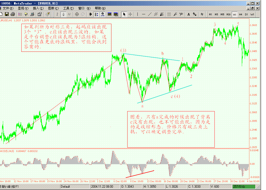 欧元05年10日21日1小时图（对称三角调整背离）.GIF